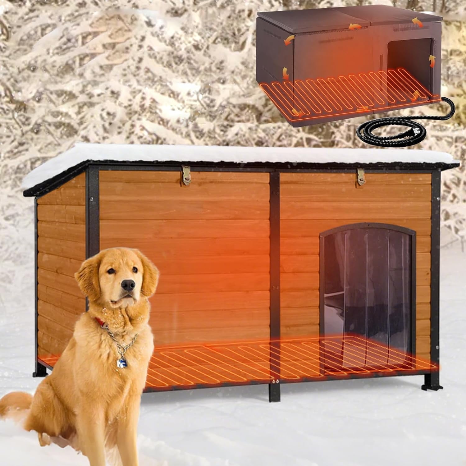 MEDEHOO Heated Dog House Outdoor Extra Large 59" Dog Kennel with Insulation Liner Strong Iron Frame Construction Pet Cage with Insulted Liner Keep Warm in Winter Weatherproof Design, Heater Include