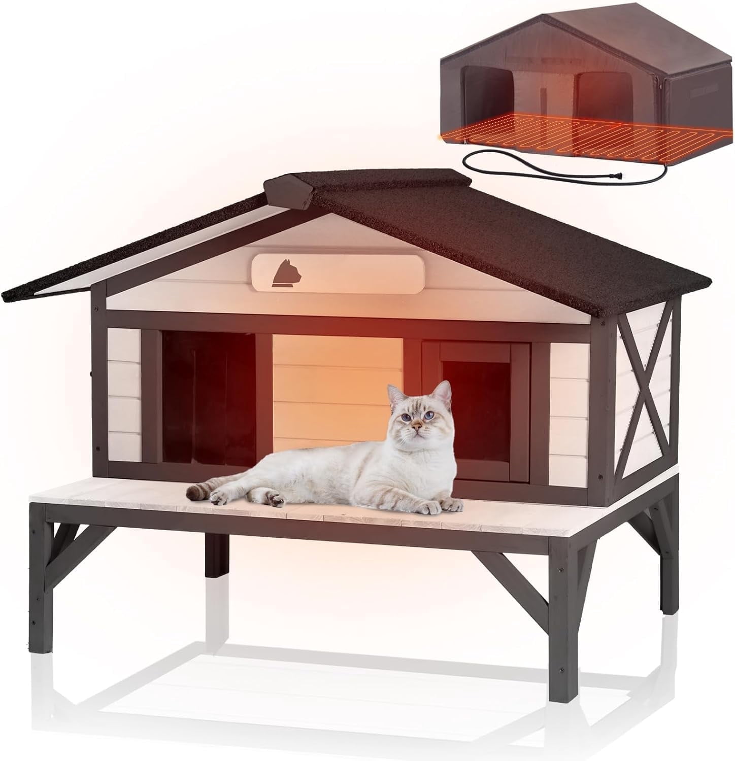 MEDEHOO Heated Outdoor Cat House Weatherproof Large Cat Shelter with 100% Insulated Liner for Multiple Cats, Cat Houses for Indoor Cats（Black）