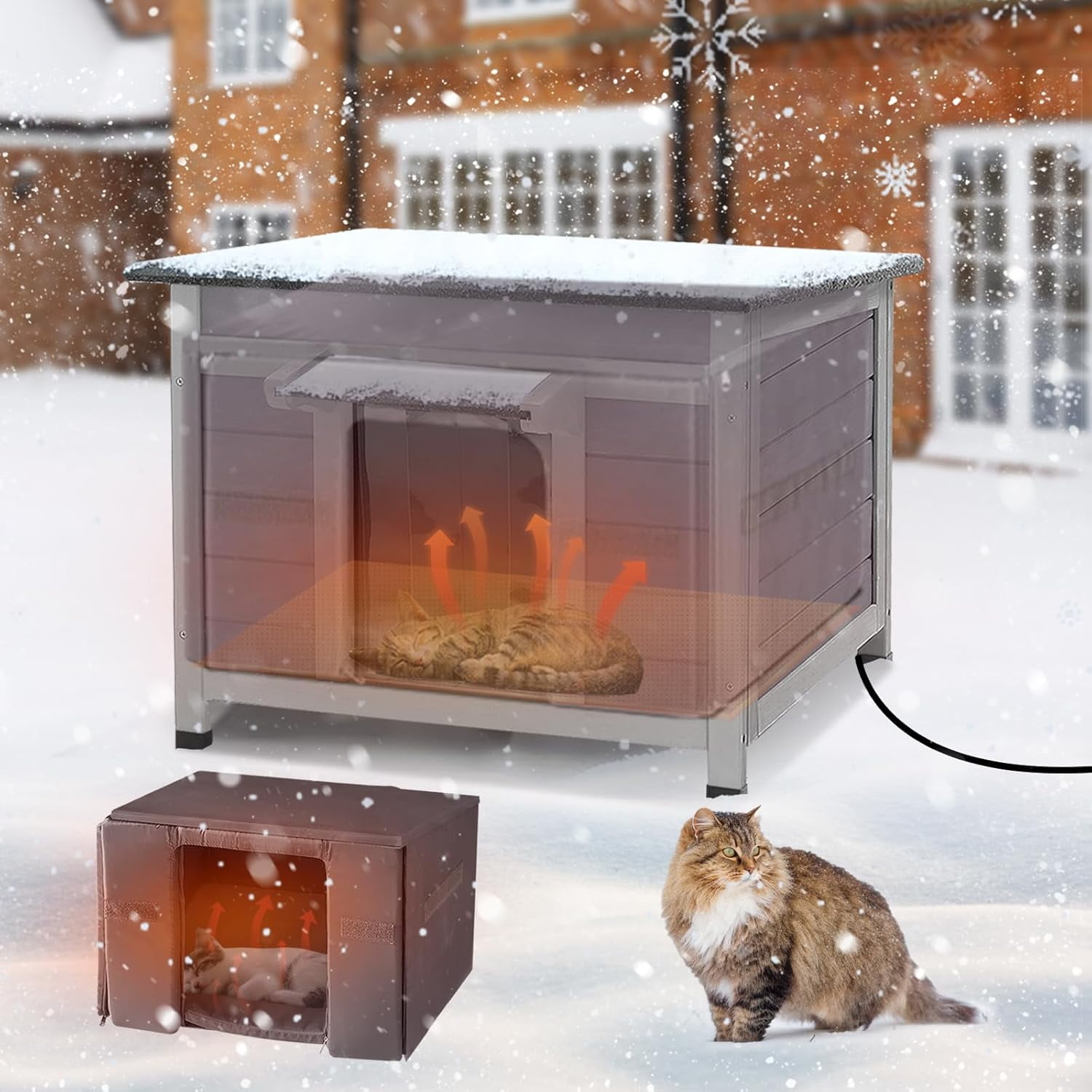 MEDEHOO Heated Outdoor Cat House with Heating Pad, Weatherproof Cat Shelter, Feral Cat House with Insulated Liner for Keep Warm in Winter