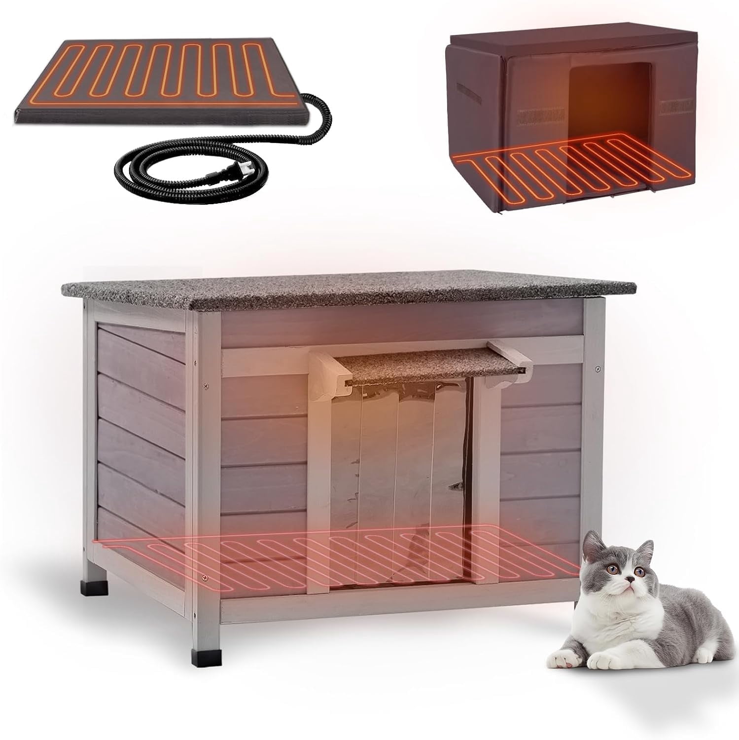 MEDEHOO Heated Outdoor Cat House with Insulated Liner for Winter Waterproof Feral Cat Shelter