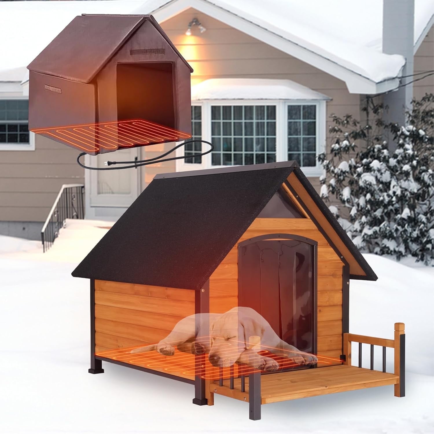 MEDEHOO Heated Outdoor Dog House Insulated Weatherproof Dog Kennel with All-Around Metal Frame, Anti-Bite Puppy Home with Porch, Dog Shelter for Large Breed (Brown, 50.9'' Large)