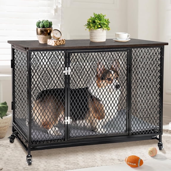 MEDEHOO Indoor Dog Crate Furniture, Movable Dog Kennel Side End Table with Wheels for Small Medium Large Dogs with Cushion, Tray, Wire, Rustic Brown(L)