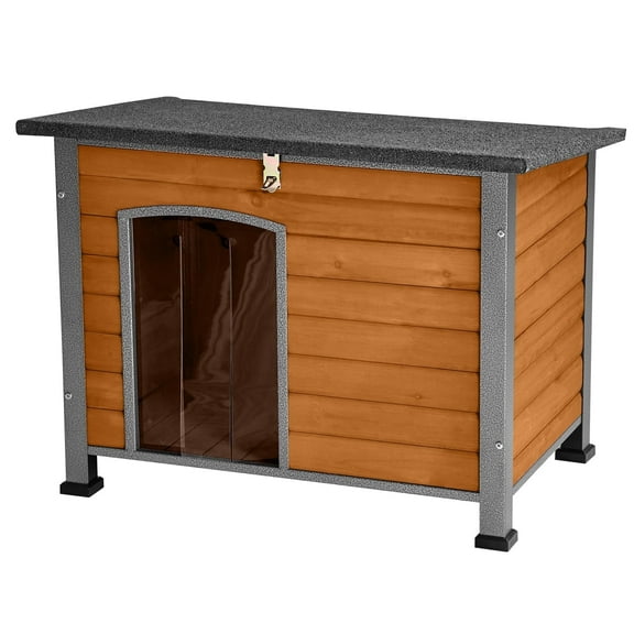 BUTINGLALE Indoor Outdoor Dog House,Anti-Chewing Iron Frame Dog Kennel,Wood Warm Pets Home,Weatherproof Outside Shelter for Feral Animal 33.5" (L) X 22" (W) X 25.2" (H) Brown