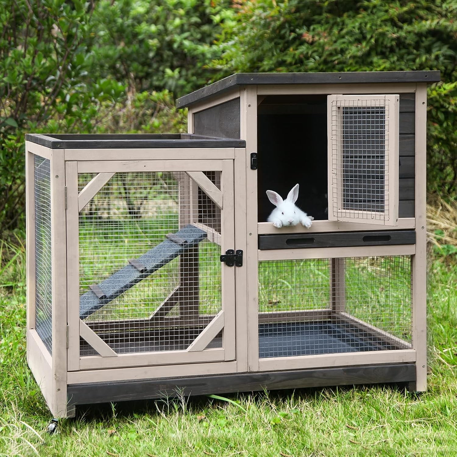 BUTINGLALE Indoor Outdoor Rabbit Hutch, Bunny Cage on Wheels with 2 Deep No Leakage Pull Out Trays (Without Bottom Wire Mesh-Coffee)