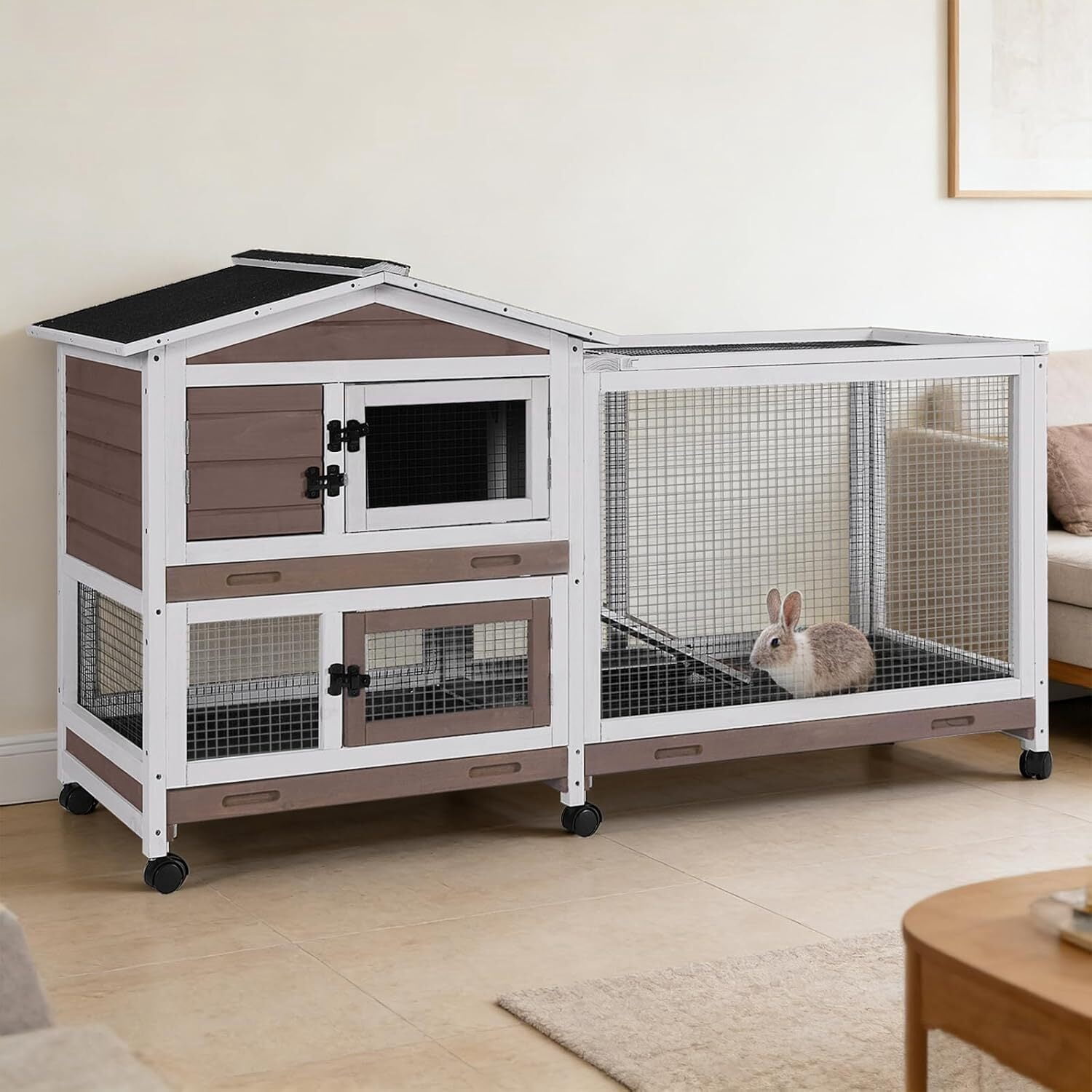 MEDEHOO Rabbit Hutch Indoor, 62’’ Bunny Hutch Outdoor, Mobile Rabbit House with Wheels, Wooden Bunny Cage with Leakproof Tray, Chew-Proof Ramp for Guinea Pig(Brown)
