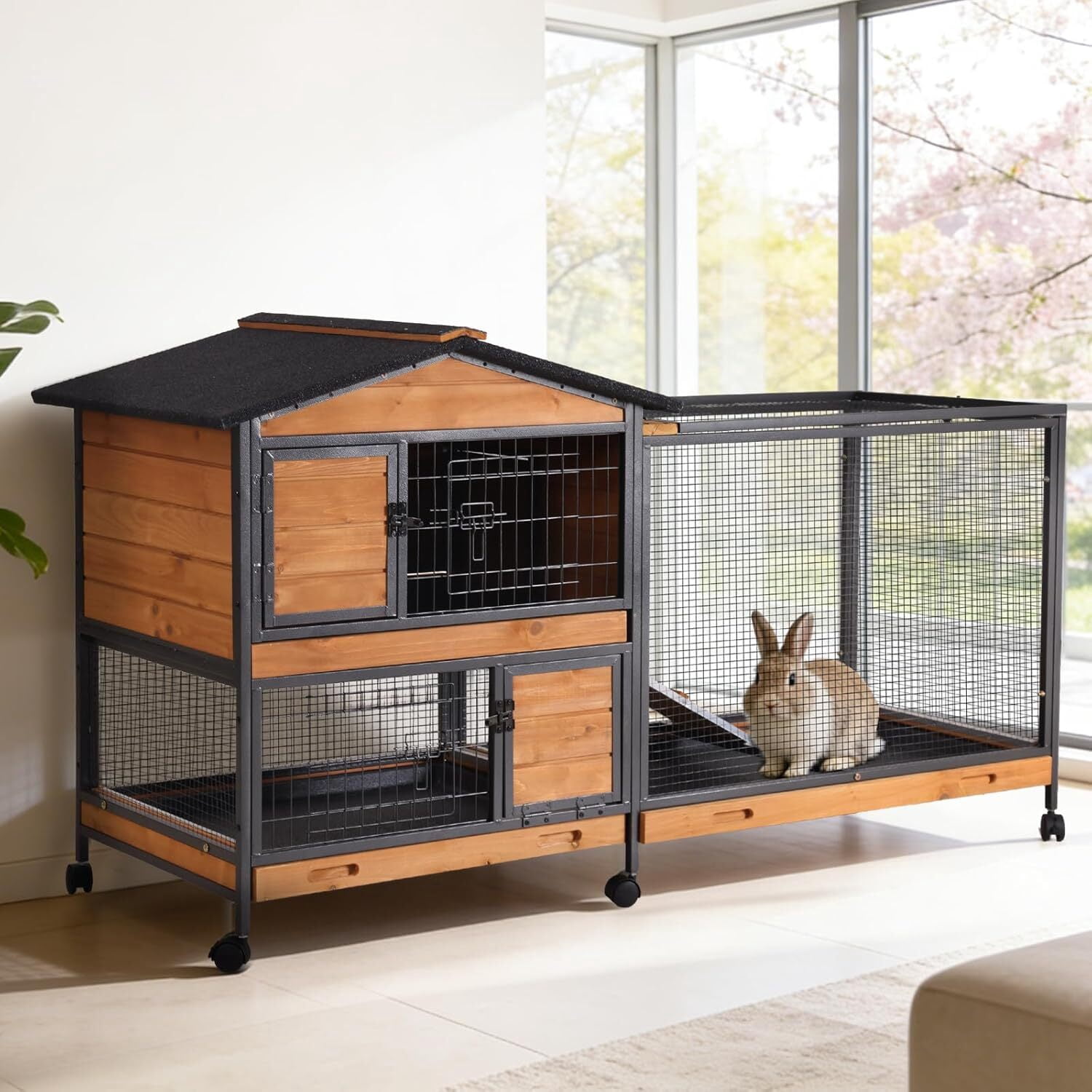 MEDEHOO Rabbit Hutch Indoor, 62’’ Bunny Hutch Outdoor with All-Around Metal Frame, Mobile Rabbit House with Wheels, Wooden Bunny Cage with Leakproof Tray, Chew-Proof Ramp for Guinea Pig(Orange)
