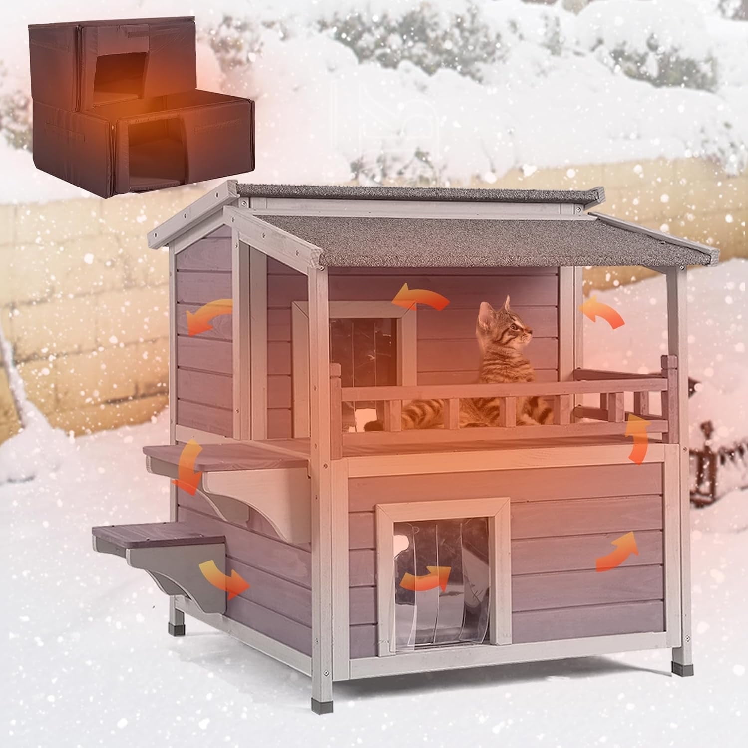 MEDEHOO Insulated Cat House Outdoor for Winter, Wooden Weatherproof Outside Feral Cat Shelter with Liner, Large Balcony, Escape Door, PVC Door Strip, for Outdoor & Indoor