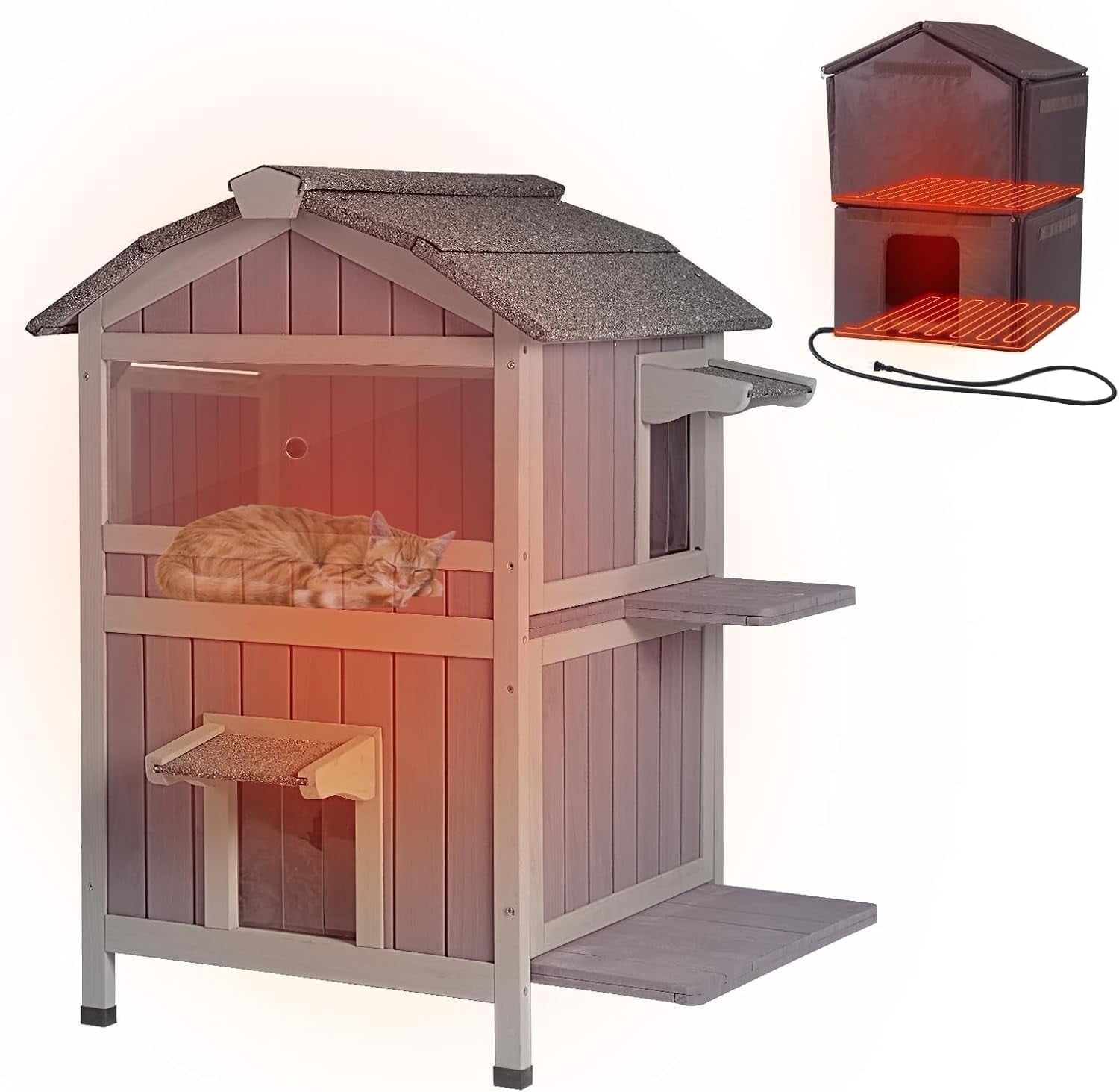 MEDEHOO Insulated Cat House for Outdoor Cats with Heated Liner Waterproof Kitty Shelter Keep Warm in Winter,Outside Feral Cat Cage