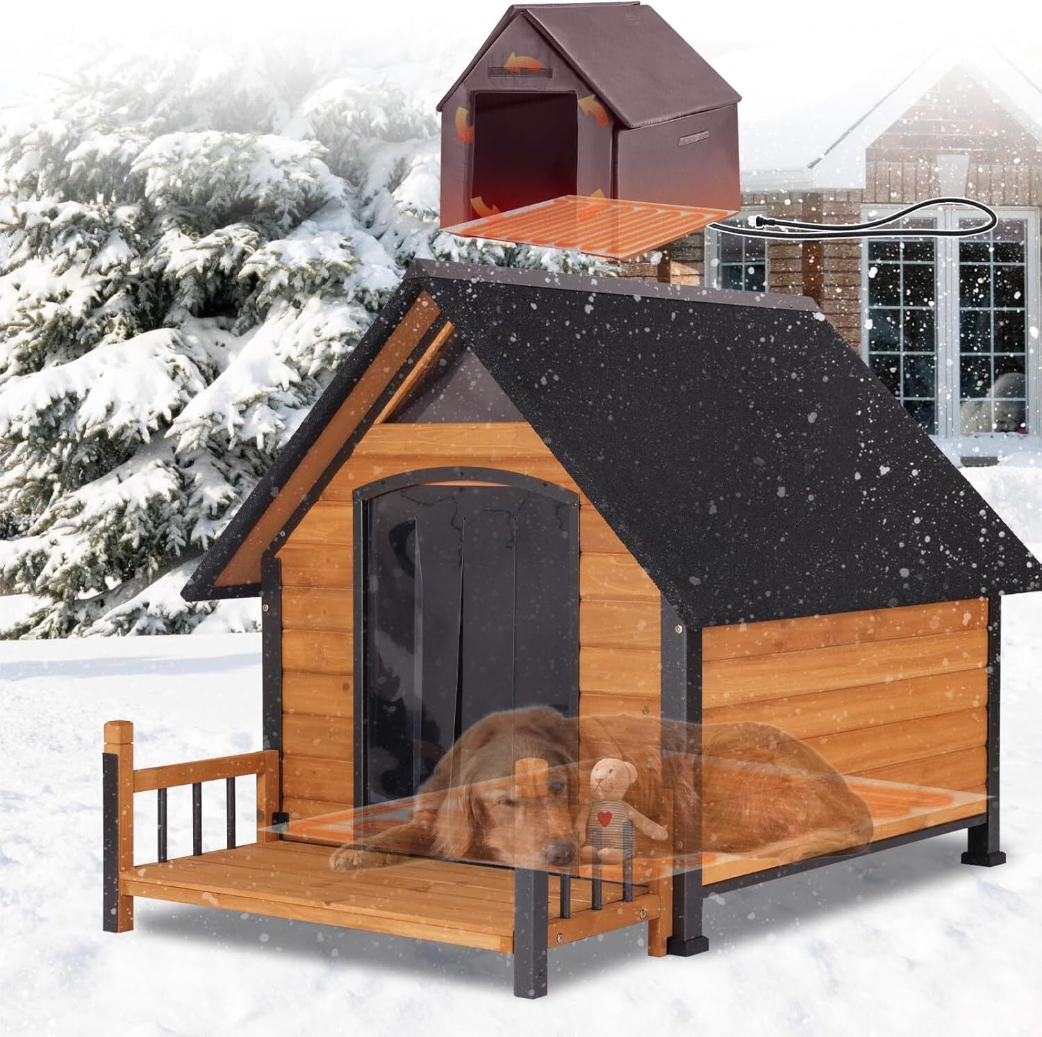 MEDEHOO Insulated Dog House with Heating Pad, Weatherproof Outdoor Kennel for Large Dogs, Chew-Resistant Iron Frame & Asphalt Roof XLarge