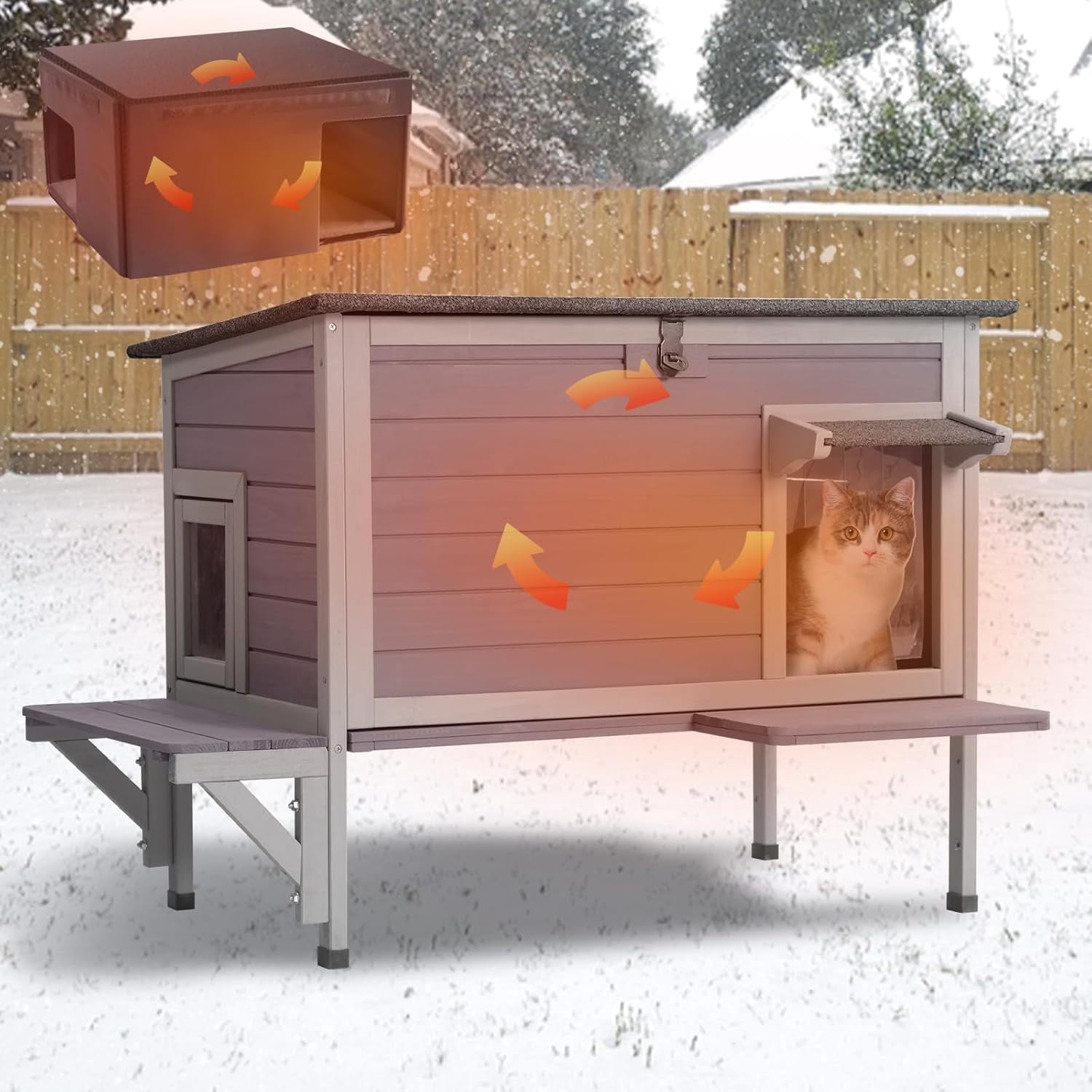 MEDEHOO Insulated Outdoor Cat House with All-Round Liner, Weatherproof Feral Cat Shelter for Winter, Outside Stray Cat House with 3 Escape Doors and Elevated Base