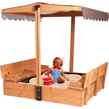 MEDEHOO Kids Sandbox with Lid Sand Box with Cover,Foldable Bench Seats, Adjustable Height Roof,Bottom Liner