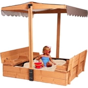 MEDEHOO Kids Sandbox with Lid Sand Box with Cover,Foldable Bench Seats, Adjustable Height Roof,Bottom Liner