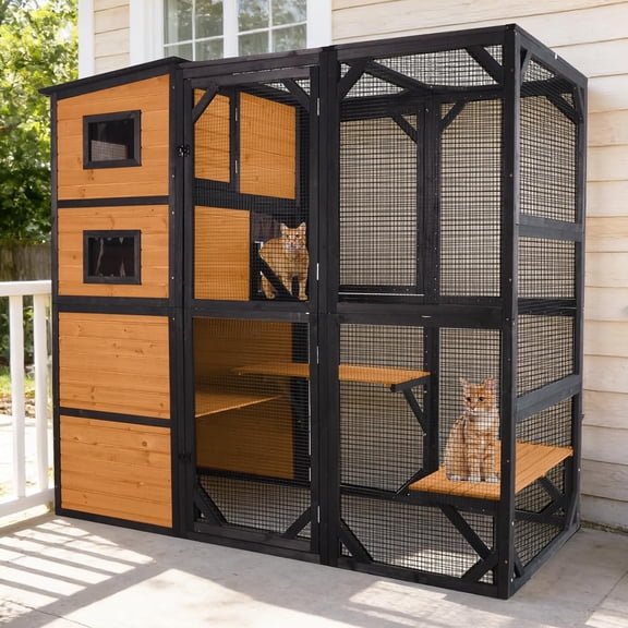 MEDEHOO Large Catio Cat Enclosure Window for Outdoor Cats, Weatherproof Cat House with Roof, Resting Platforms & Windows, Indestructible Feral Cat Shelter for Backyard - Black and Brown