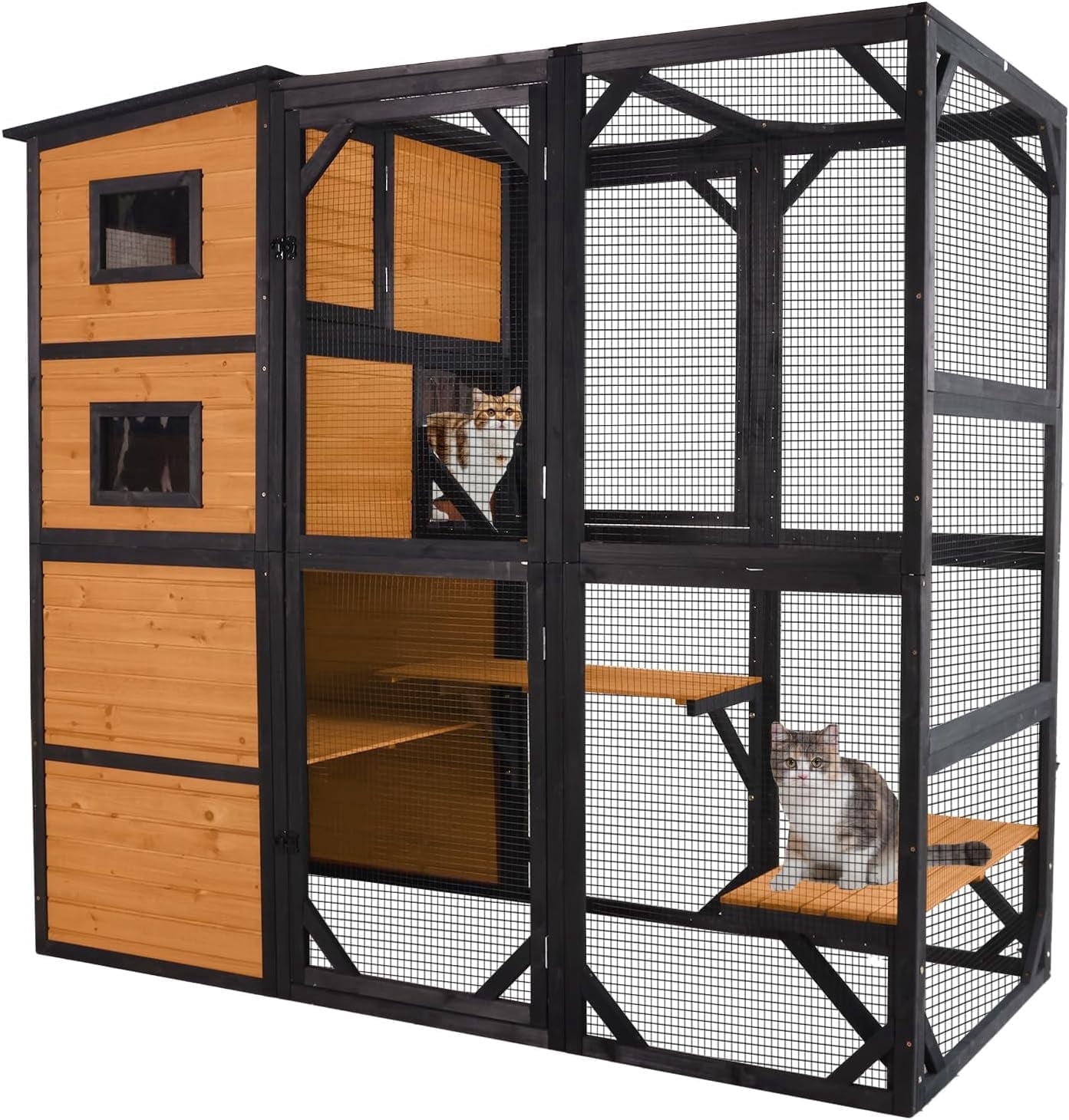 MEDEHOO Large Catio Outdoor Cat Enclosure, 77 Inch Weatherproof Cat House with Connectable Window Box, 4-Tier Wooden Cat Cage with Multi-Level Platforms & Resting Areas (Brown)