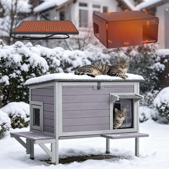 MEDEHOO Large Heated Cat House Outdoor Insulated Cat House Weatherproof Feral Cat Shelter with Heating Pad Insulated Liner Openable Roof & Secure Escape Doors for 1-3 Cats (Winter-Ready)