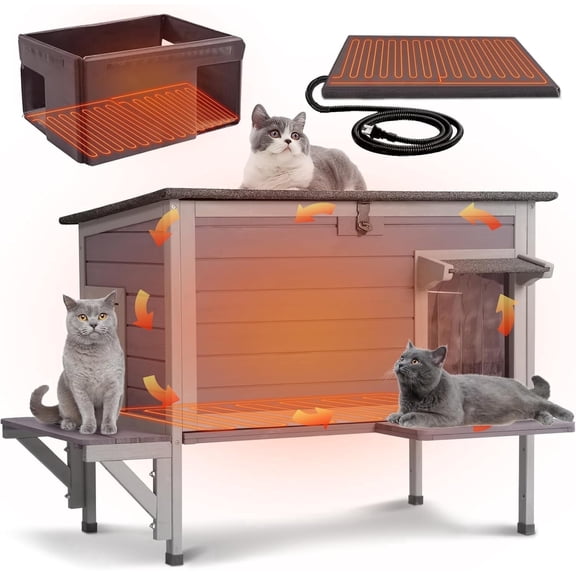 MEDEHOO Large Heated Cat House Outdoor Insulated Cat House Weatherproof Feral Cat Shelter with Thermostat-Controlled Heating Pad, 6-Sided Thermal Liner for 1-4 Feral Stray Barn Cats, 33.5" L