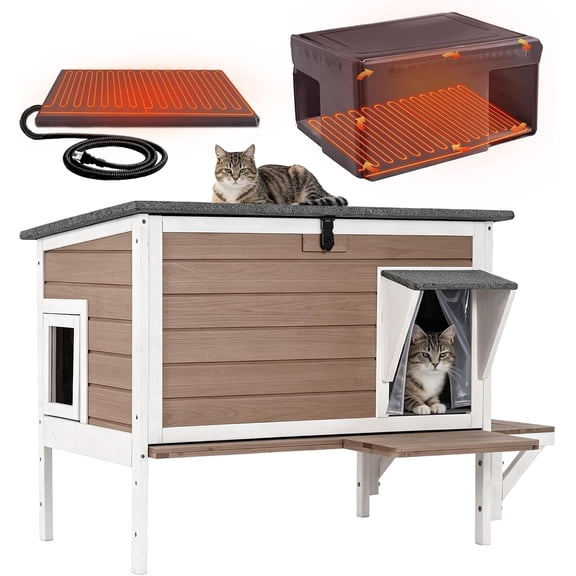 MEDEHOO Large Heated Cat House with Liner, Weatherproof Cat Shelter | Brown Outdoor Insulated Windproof Feral Cat Shelter with Heating Pad, Chewproof Cable
