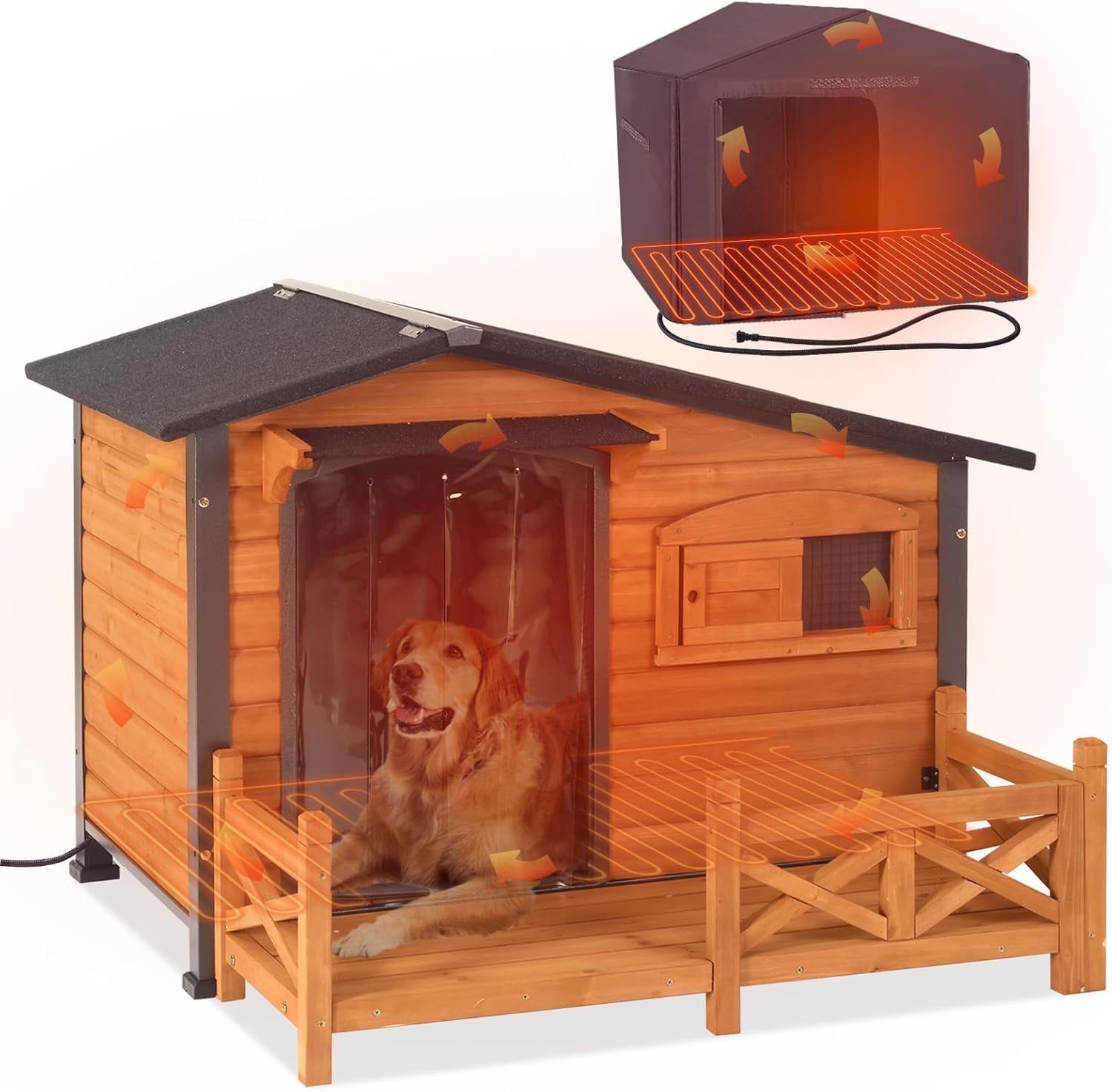 MEDEHOO Large Heated Dog House Outdoor Dog Kennel Safe Winter Shelter with Thermostat-Controlled Heating Pad, Chew-Proof Metal Frame and 6-Sided Insulated Liner for Small to Large Dogs (Brown)
