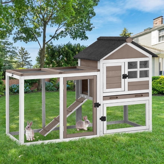 MEDEHOO Large Rabbit Hutch Indoor 2-Level Wooden Chicken Coop Outdoor Bunny Guinea Pig Cage with Run, Chew-Proof Ramp, Leak-Proof Pull Out Tray, Lockable Doors for Small Animals (Brown & White)