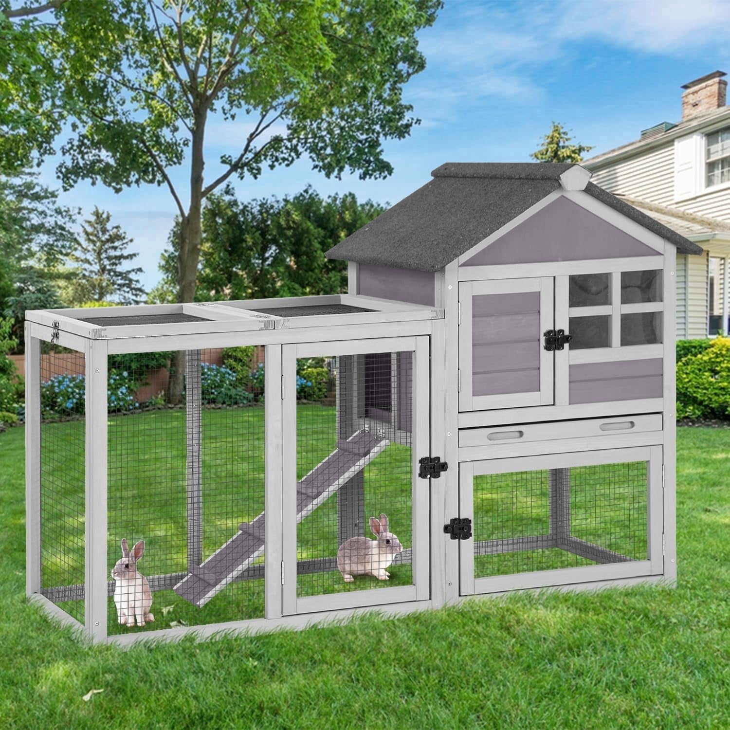 MEDEHOO Large Rabbit Hutch Outdoor 2-Level Wooden Chicken Coop Indoor Weatherproof Bunny Cage Guinea Pig House with Waterproof Roof, Leak-Proof Pull Out Tray, Lockable Door for Small Animals (Grey)