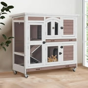 MEDEHOO Large Rabbit Hutch Wooden Bunny Cage Indoor with Chew-Proof Ramp, 2-Story Guinea Pig Cages with Casters, Pull-Out Trays for Rabbits, Guinea Pigs, 47.2 L x 19.7 W x 42.1 H