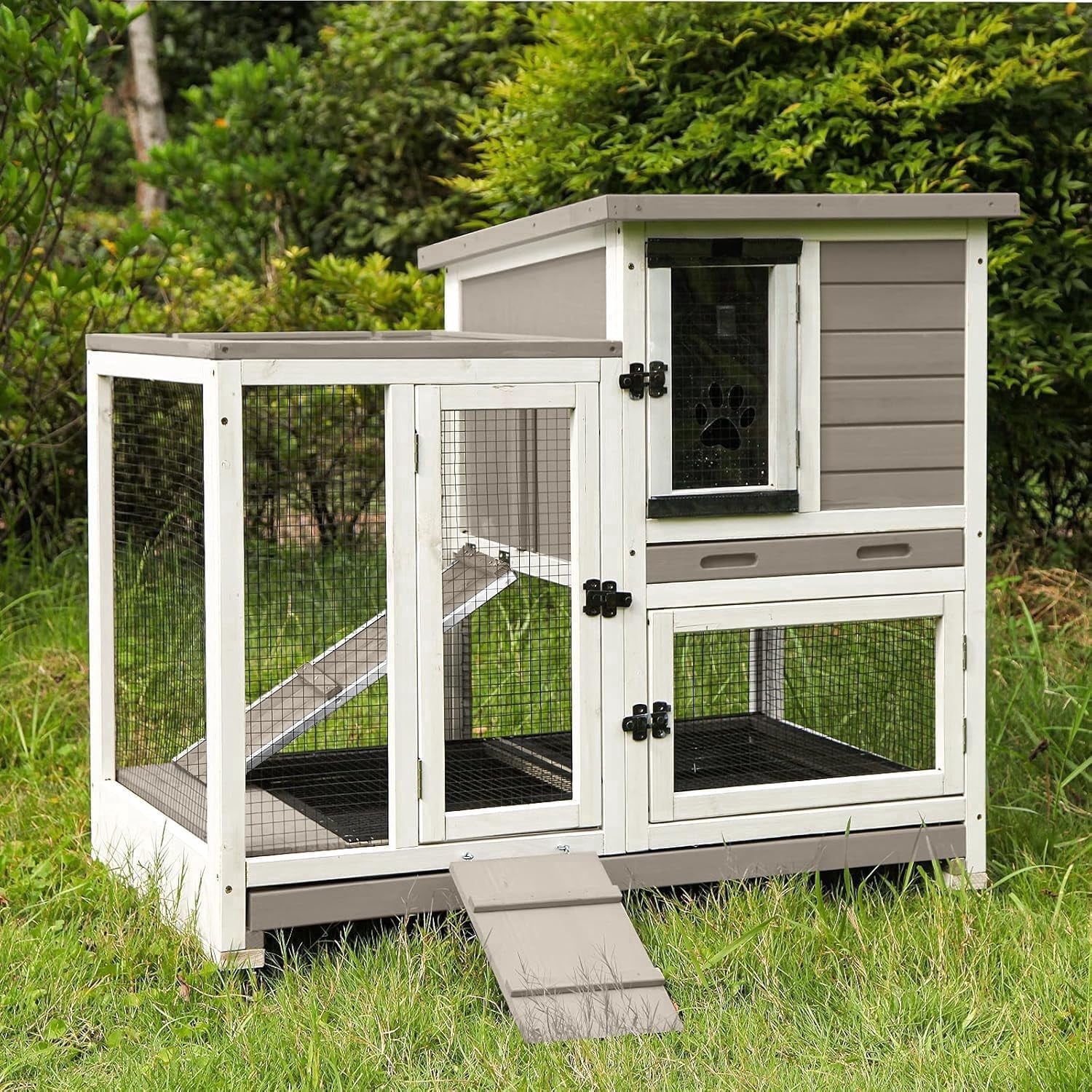 MEDEHOO Large Rabbit Hutch with Removable Wire Netting, 2 Deep Trays, 4 Wheels, Sliding Door, and Extra Access Door - Mocca Color