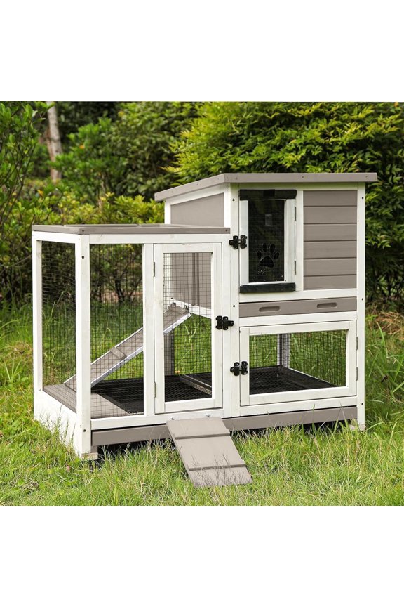 Large Rabbit Hutch with Removable Wire Netting, 2 Deep Trays, 4 Wheels, Sliding Door, and Extra Access Door - Mocca Color