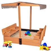 MEDEHOO Large Wooden Kids Sand Box with Cover, Sandbox with Lid Foldable Beench Seats, Sand Boxes for Backyard Garden, Beach Patio Outdoor