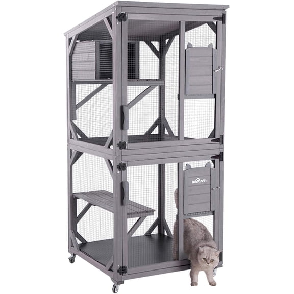 MEDEHOO Mobile Catio on Wheels - Outdoor Cat House Enclosure with Waterproof Roof & Upgraded Resting Box, 70.9" Feral Cat Cage / Bird Cage
