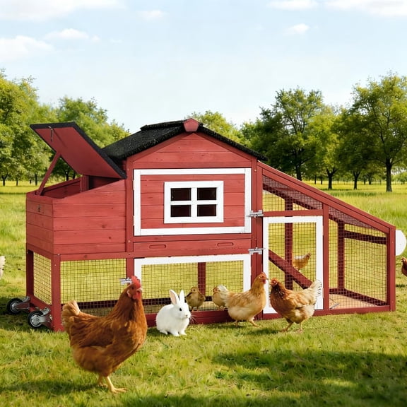 MEDEHOO Large Chicken Coop with Wheels, Expandable Mobile Chicken House for Outdoor Use, Hen House Poultry Cage with Nesting Box, Leakproof Pull-Out Tray & UV-Resistant Roof – Red