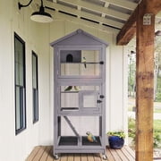 MEDEHOO Outdoor Bird Aviary Wooden Large Bird Cage on Wheels, Featuring Play Stand, Perches, Nest Habitat, Include Wire Mesh Above Bottom Tray Easy to Clean