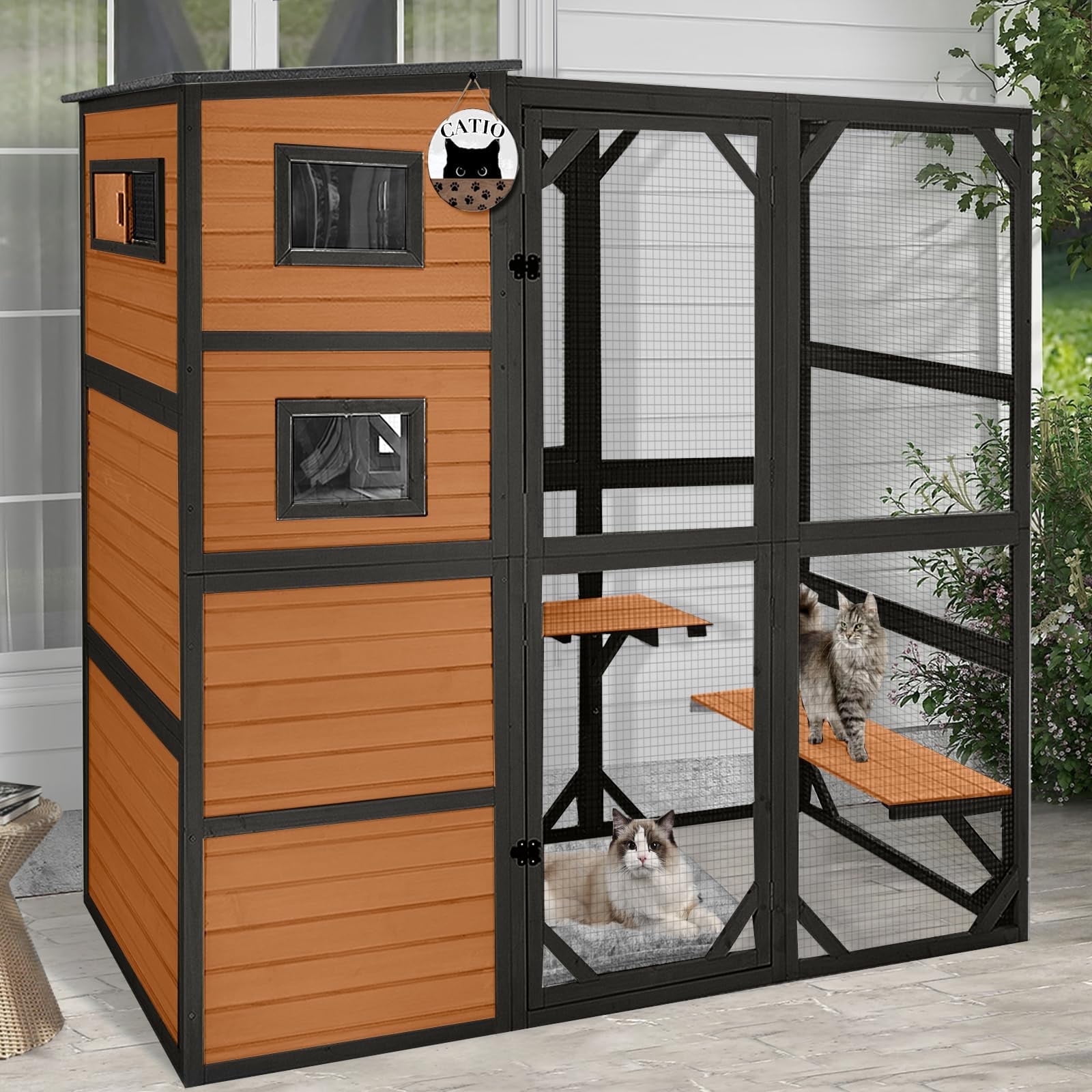 BUTINGLALE Outdoor Cat House,Big Catio Cat Enclosures 4 Tiers Wooden Feral Cat Shelter with Large Interior Space (Brown, Extra Large)