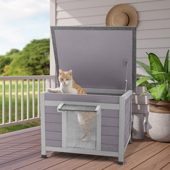 MEDEHOO Outdoor Cat House Weatherproof, Feral Cat House with Asphalt Roof, PVC Curtains & Raised Base, Easy To Clean