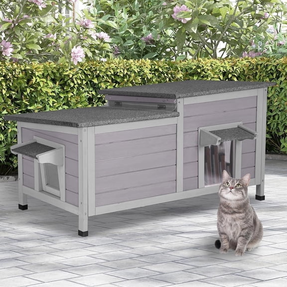 MEDEHOO Outdoor Cat House Weatherproof, Large Cat Shelter with Openable Roofs, Feral Kitty Shelter with Elevated Base, PVC Curtain