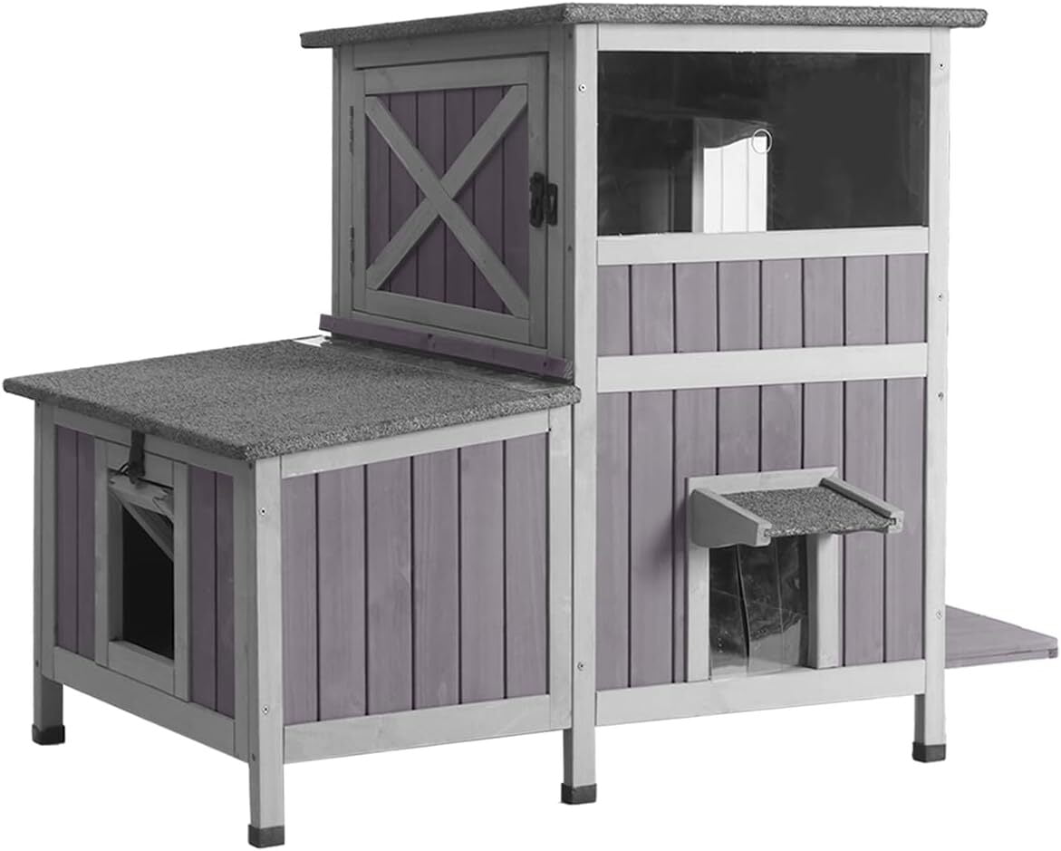 MEDEHOO Outdoor Cat House Weatherproof, Two-Story Wooden Cat Shelter with Escape Door, PVC Curtains, Removable Floor & Waterproof Roof, Raised Outside Cat House for Feral Cats