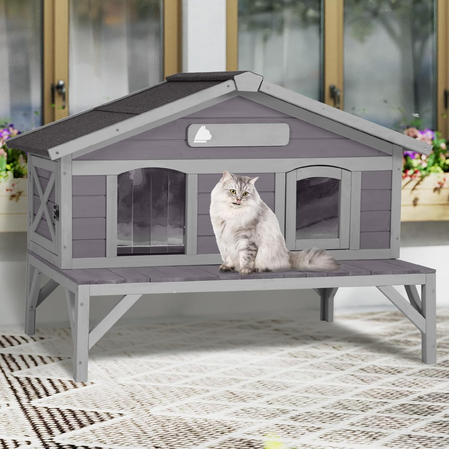 MEDEHOO Outdoor Cat House, Wooden Feral Cat Shelter with Large Balcony. Weatherproof Cat House for Stray Cats Outside with Escape Doors, Indoor Kitten Condo