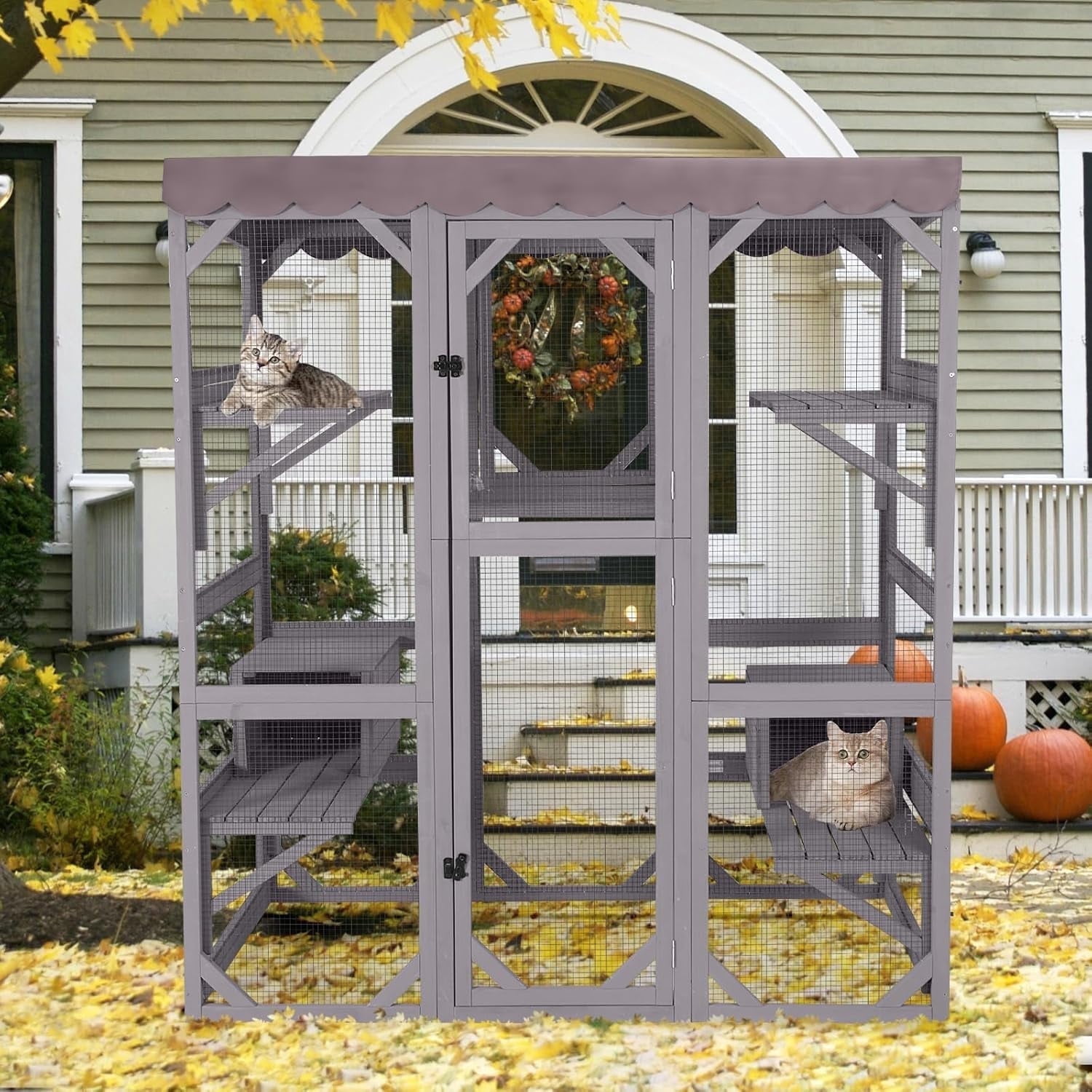MEDEHOO Outdoor Catio Cat Enclosure, Walk-in Cat House with 7 Jumping Platforms & Weatherproof Asphalt Roof, Large Cat Cage with 2 Napping Houses, Gray 70"H