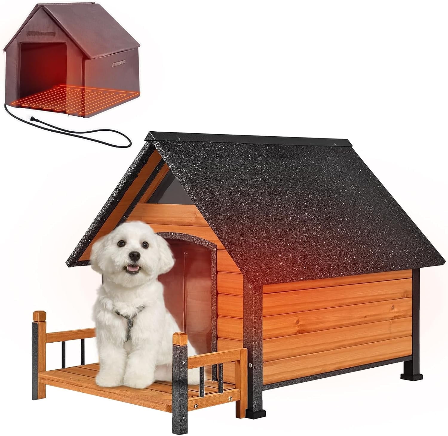 MEDEHOO Outdoor Dog House with All-Around Insulated Liner Weatherproof Puppy Shelter Indoor Dog Kennel, Anti-Bite Dog Home for Large Breed with Porch (Brown (Heated Liner), Medium)
