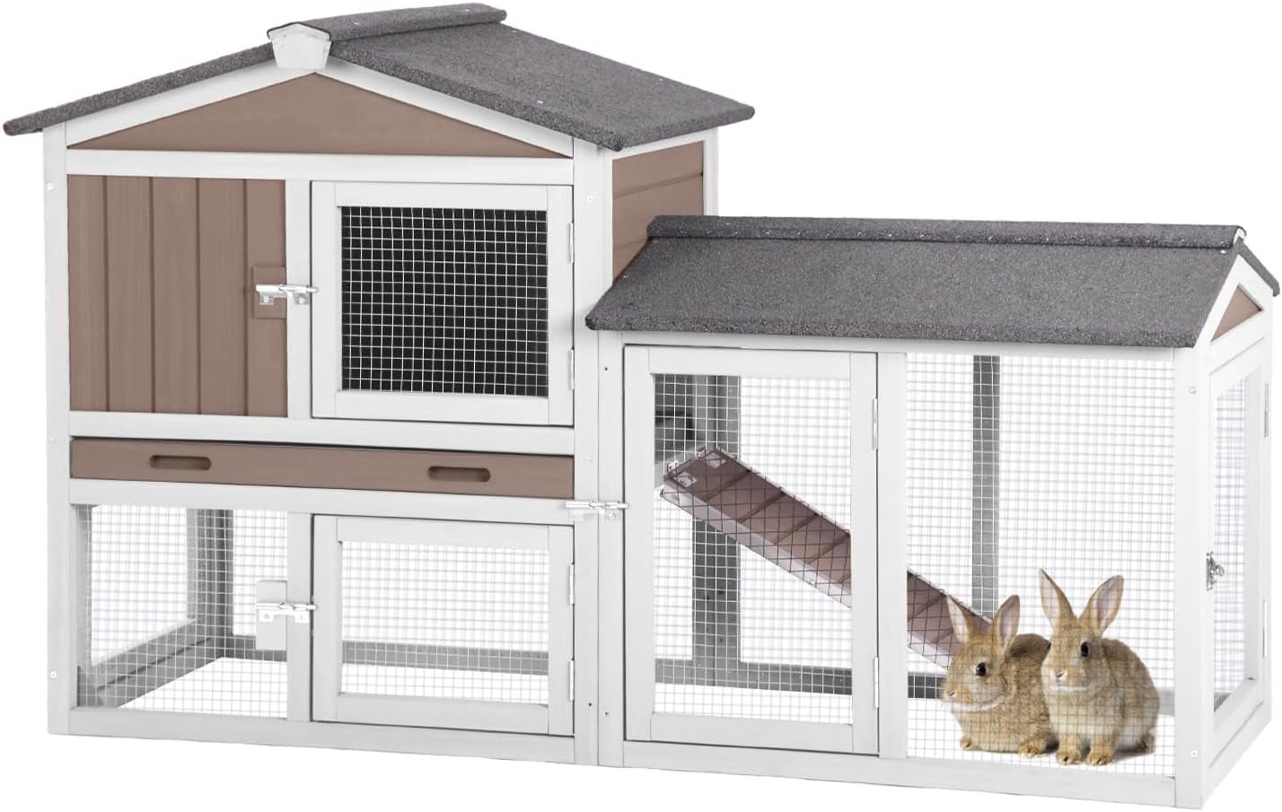 MEDEHOO Outdoor Rabbit Hutch with No-Leak Plastic Tray, Expandable Chicken Coop, Large Run Space for Bunny, Guinea Pig, Duck, and Small Animals