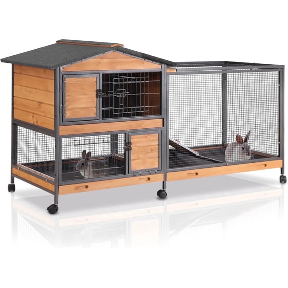 MEDEHOO Rabbit Cage,Indoor Rabbit Hutch with Matel Frame and Pull Out Tray,Rabbit Hutch Chicken Coop with Run (Orange)