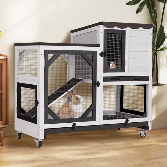 MEDEHOO Rabbit Hutch 2-Story Wooden Bunny Cage with 2 Leak-Proof Trays, Chew-Proof Metal Mesh Indoor & Outdoor Guinea Pig House with Wheels - Black