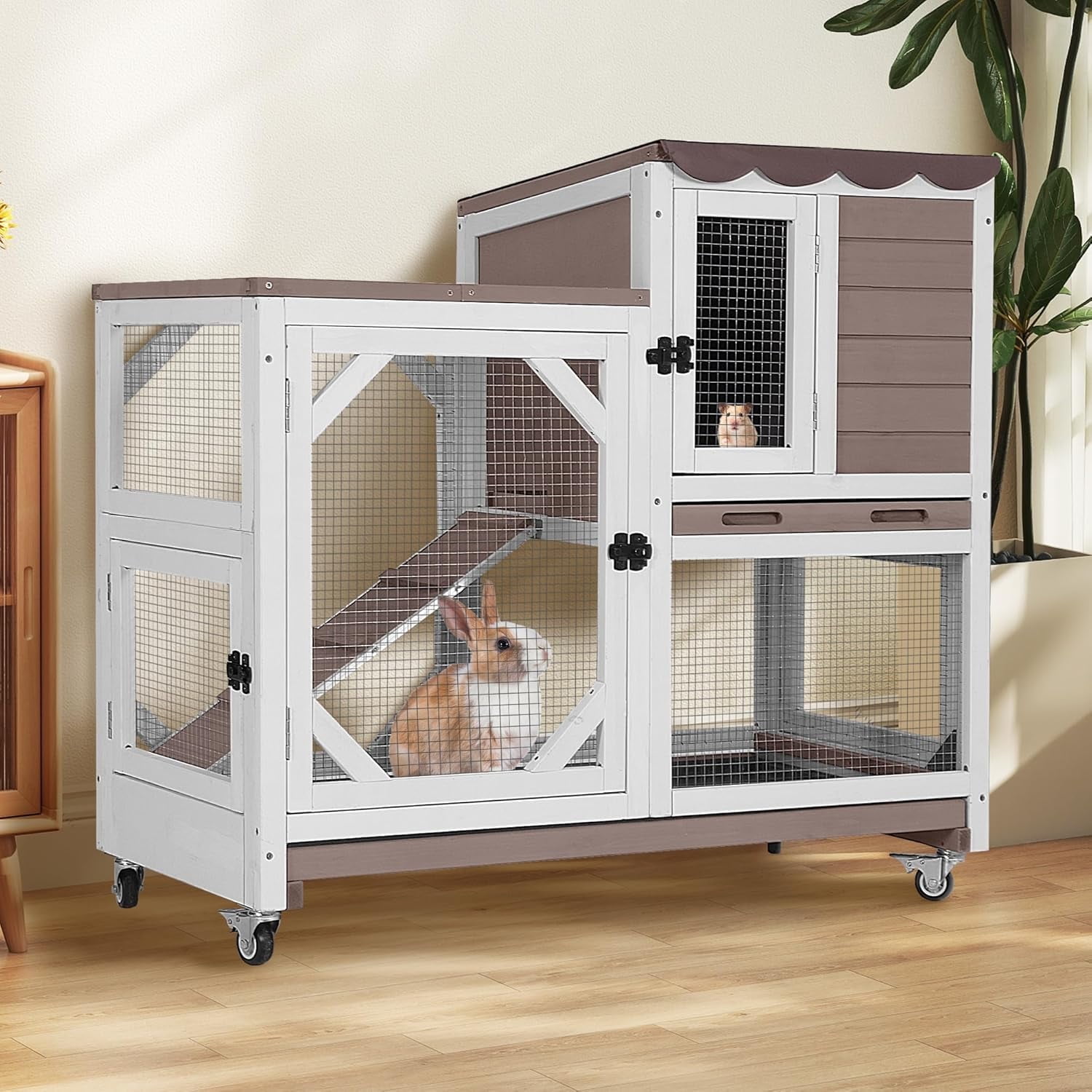 MEDEHOO Rabbit Hutch 2-Story Wooden Bunny Cage with 2 Leak-Proof Sliding Trays, Chew-Proof Metal Mesh, Rainproof Cover, Indoor & Outdoor Guinea Pig House with Wheels - Brown