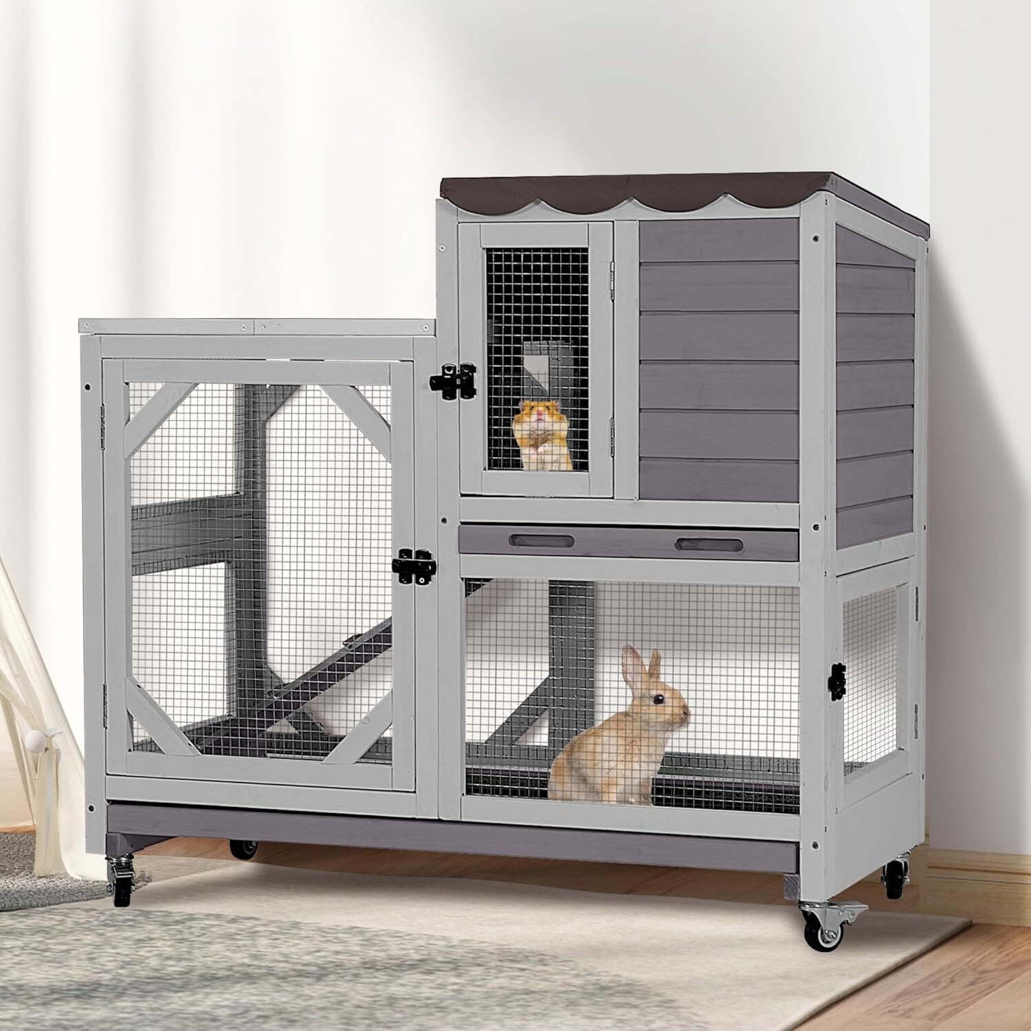 MEDEHOO Duplex Rabbit Hutch Indoor with Chew-Proof Frame & 2 Leak-Proof Sliding Trays, Rain Cover, Wooden Guinea Pig Cages with Wheels - Grey