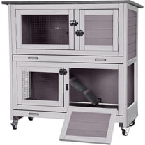 MEDEHOO Rabbit Hutch Bunny Cage, Guinea Pig Cage Bunny Hutch Indoor, Wood Pet Cage with 4 Casters -2 Story & 2 Trays (Grey)