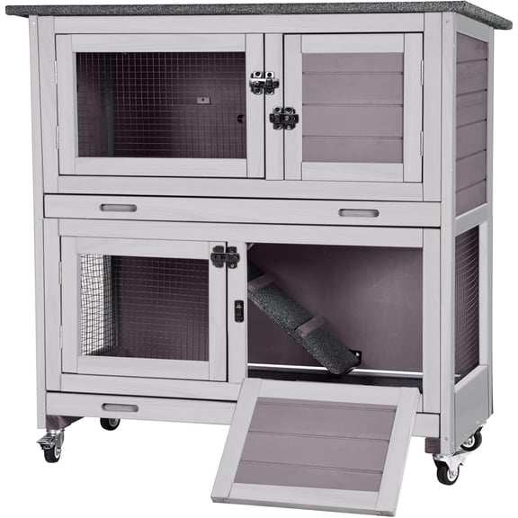 MEDEHOO Rabbit Hutch Bunny Cage, Guinea Pig Cage Bunny Hutch Indoor, Wood Pet Cage with 4 Casters -2 Story & 2 Trays (Grey)