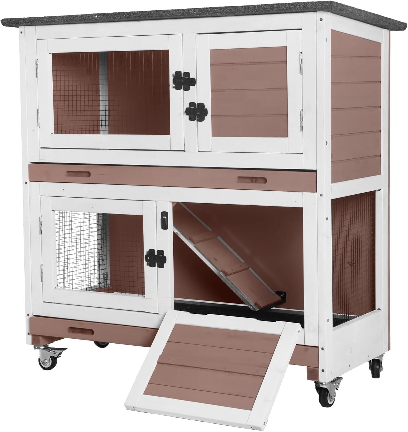 MEDEHOO Rabbit Hutch Indoor Mobile Outdoor Bunny Cage with Openable Middle Door, Two Story Guinea Pig Cage with Wheels, 36"L x 17.7"W x 36.4"H (Brown)