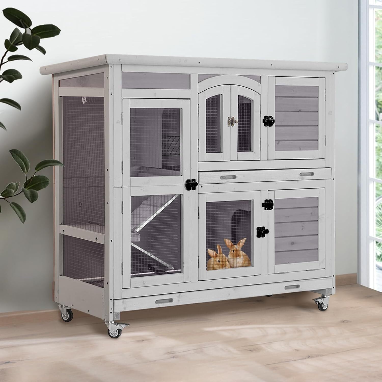 MEDEHOO Rabbit Hutch Indoor and Outdoor Bunny Cage with Wheels Hamster House Guinea Pig Cages for Small to Medium Animals Waterproof Leakproof Tray Grey