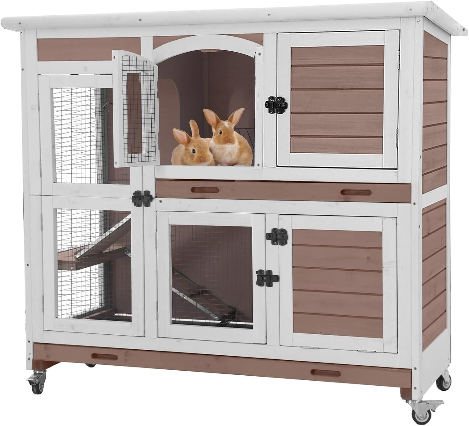 MEDEHOO Rabbit Hutch Indoor and Outdoor Bunny Cage with Wheels Hamster House Guinea Pig Cages for Small to Medium Animals Waterproof Leakproof Tray brown