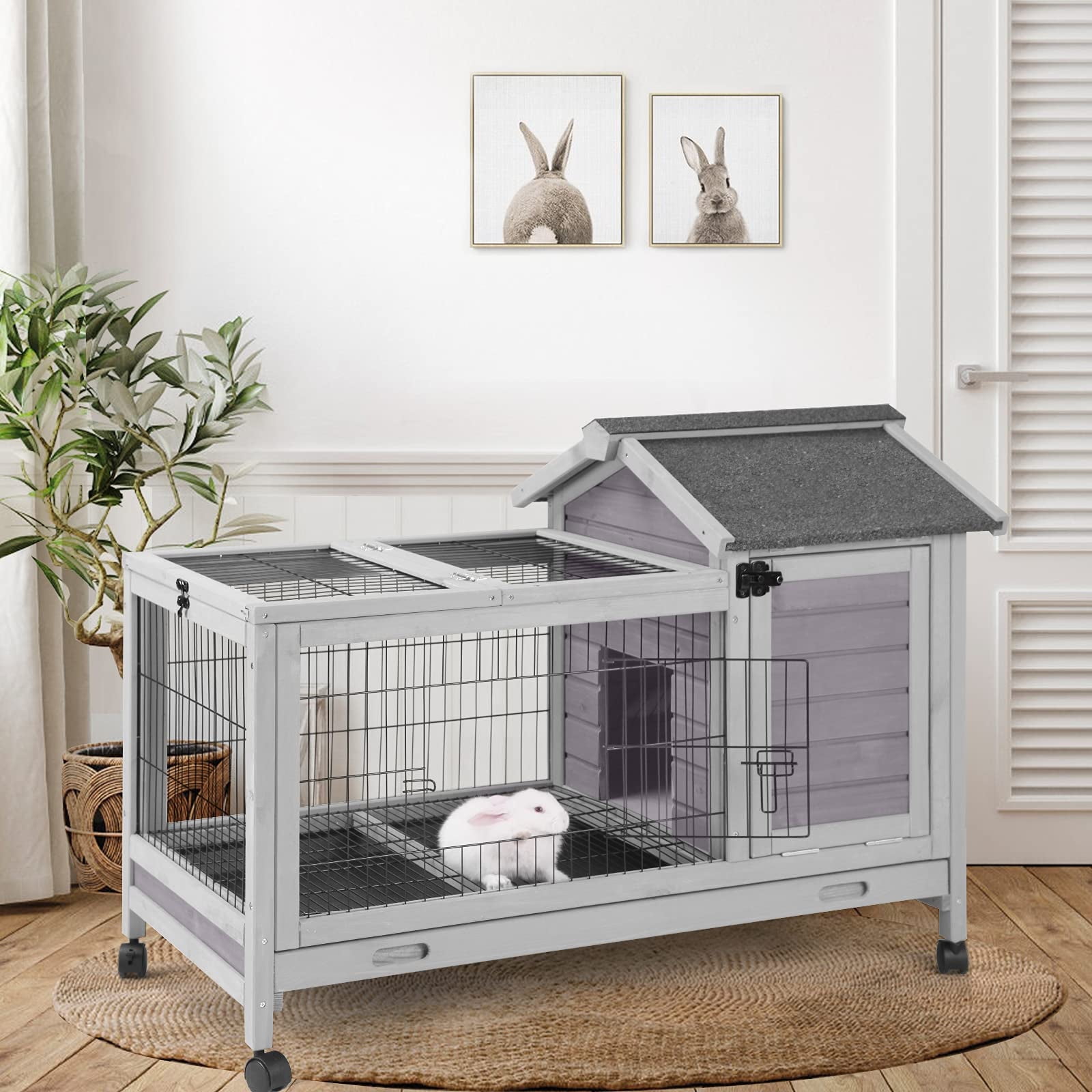 MEDEHOO Rabbit Hutch Indoor Outdoor Rabbit Cage Bunny Cage with Run,No Leak Pull Out Tray,Wire Fence