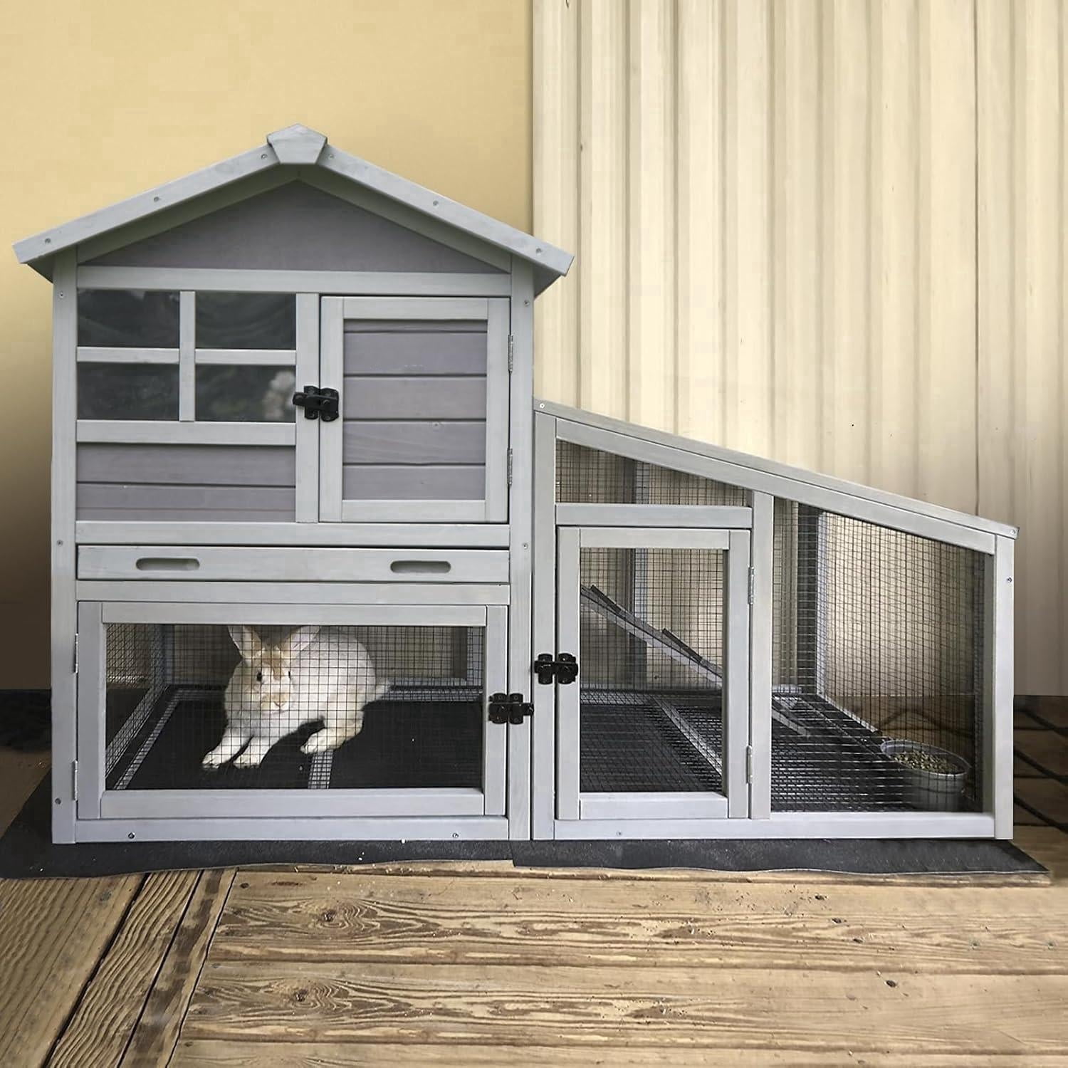 MEDEHOO Rabbit Hutch Outdoor Chickecn Coop with PVC Layer Wooden Bunny Cage Guinea Pig Houses Indoor with Pull Out Tray,Bottom Wire Netting